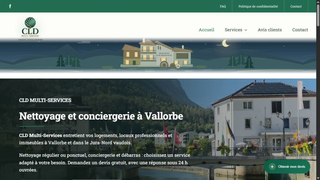 Capture du site CLD Multi-Services, avec son identité verte et une vue de Vallorbe