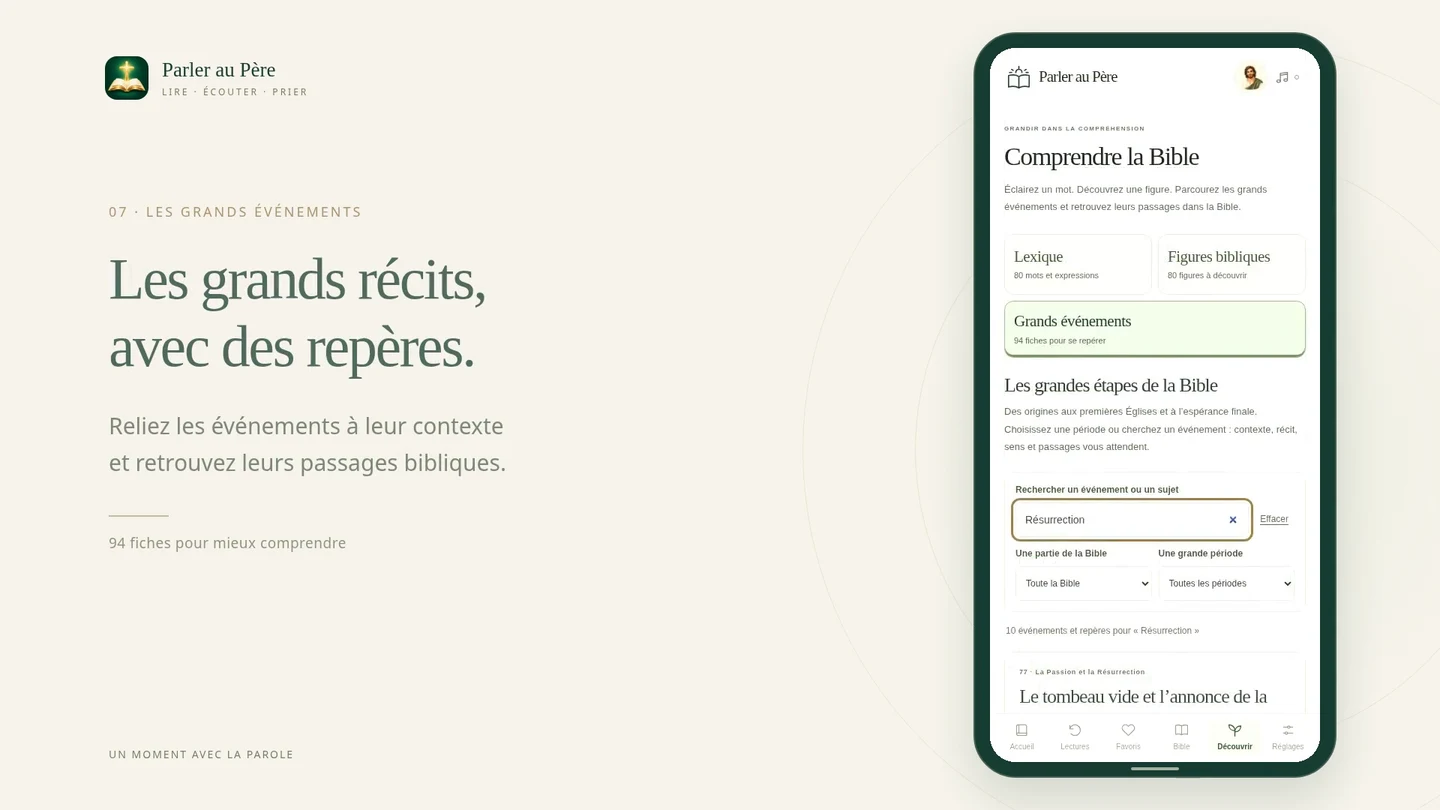 Présentation de Parler au Père et de ses lectures bibliques sur téléphone