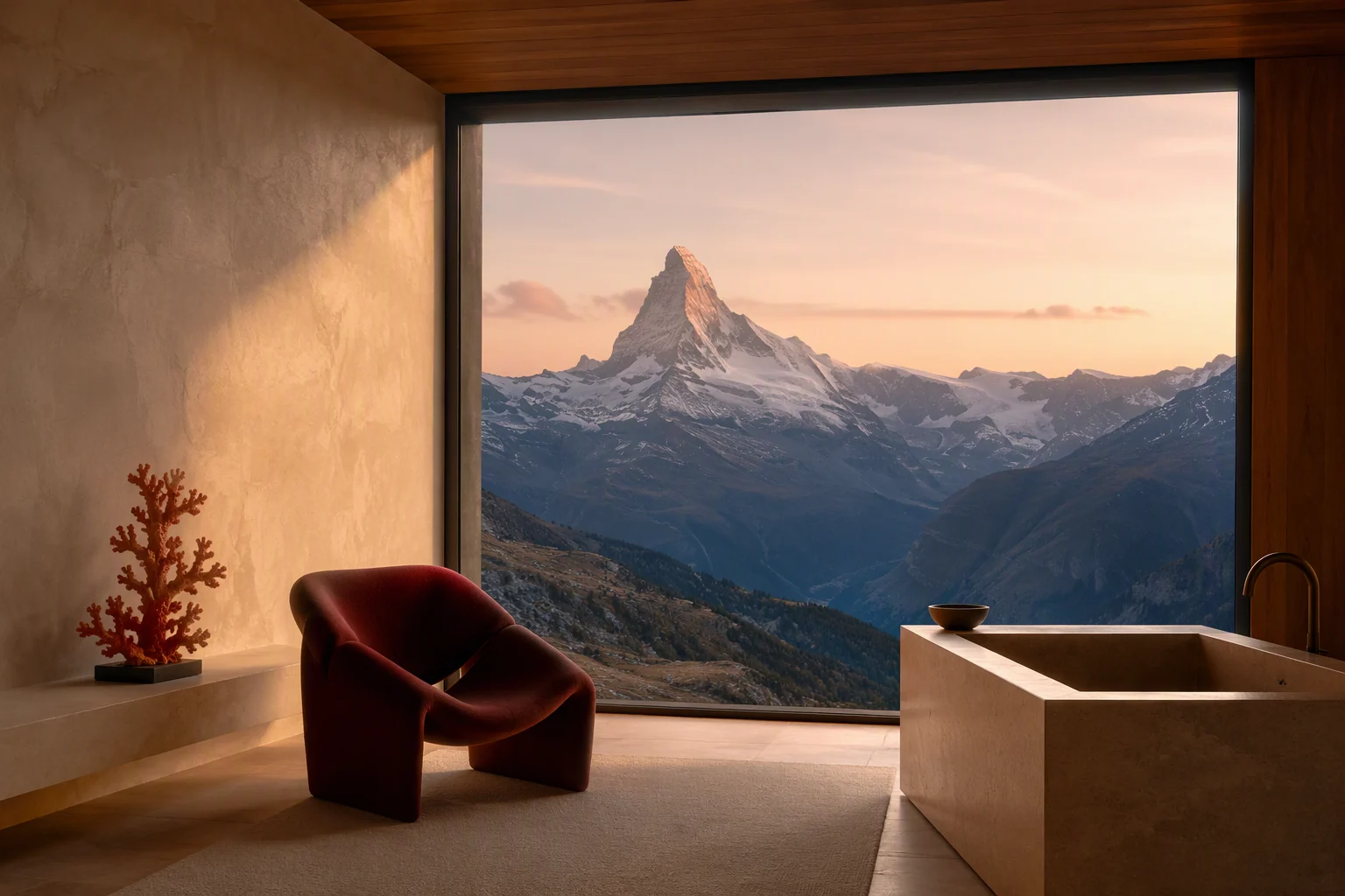 Intérieur alpin contemporain ouvert sur une chaîne de montagnes à l’aube