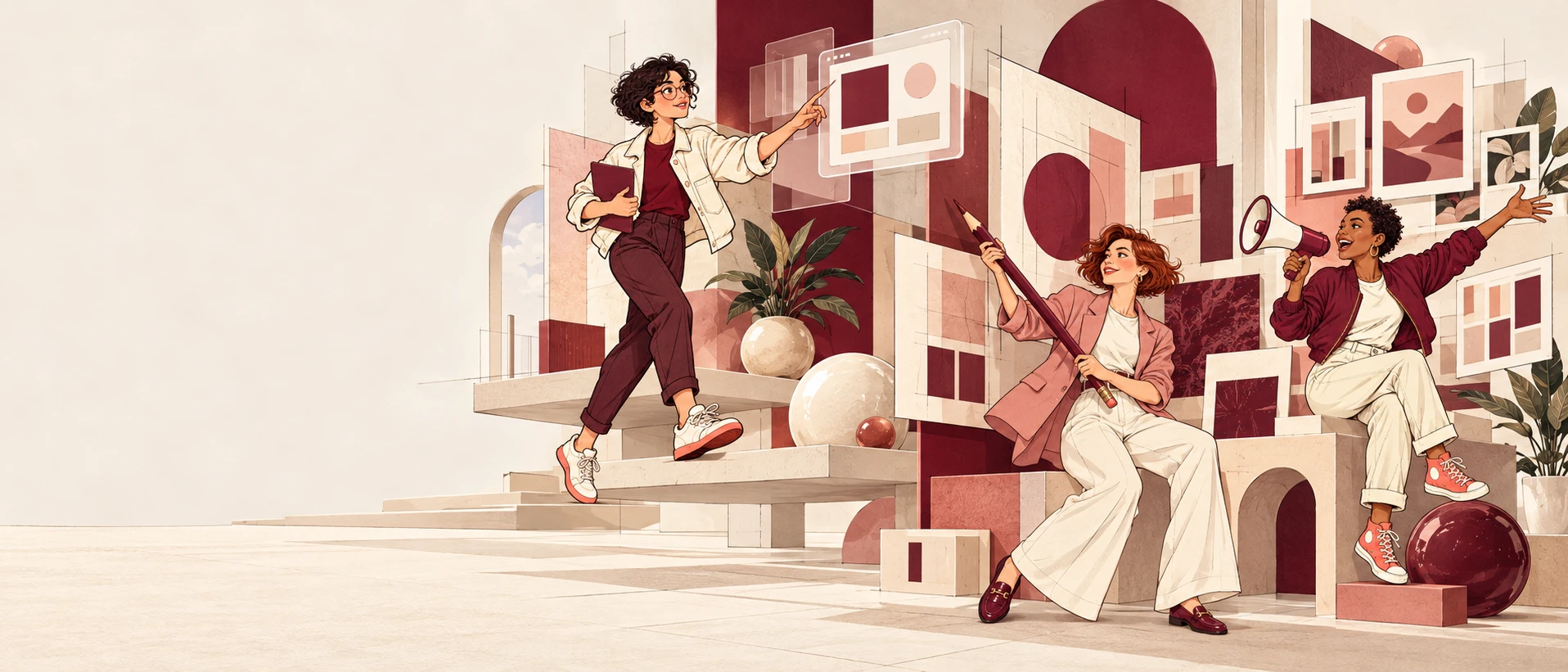 Illustration d’un atelier créatif imaginaire : personnages de bande dessinée, interfaces et compositions graphiques en volume